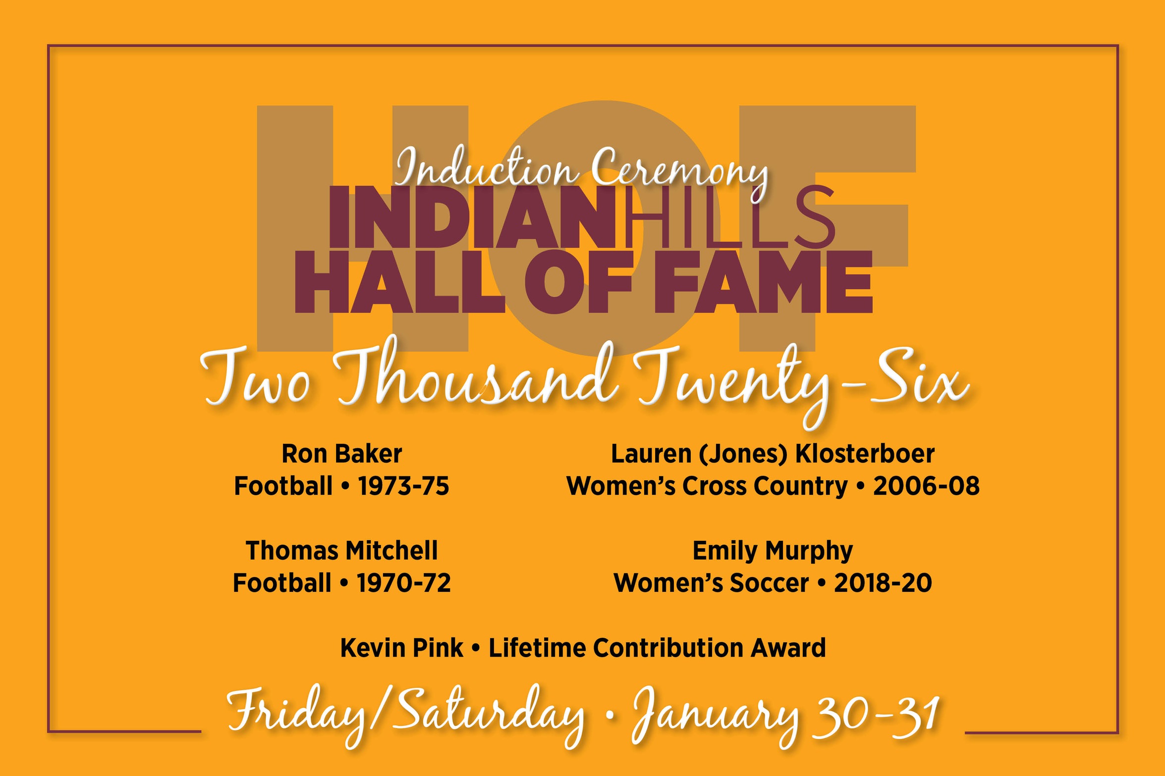 INDIAN HILLS ANNOUNCES CLASS OF '26 HALL OF FAME INDUCTEES